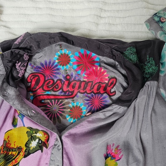 Desigual Colorful Bird Floral Print Button Up Shirt Blouse Bohemian Women XS - Picture 3 of 16